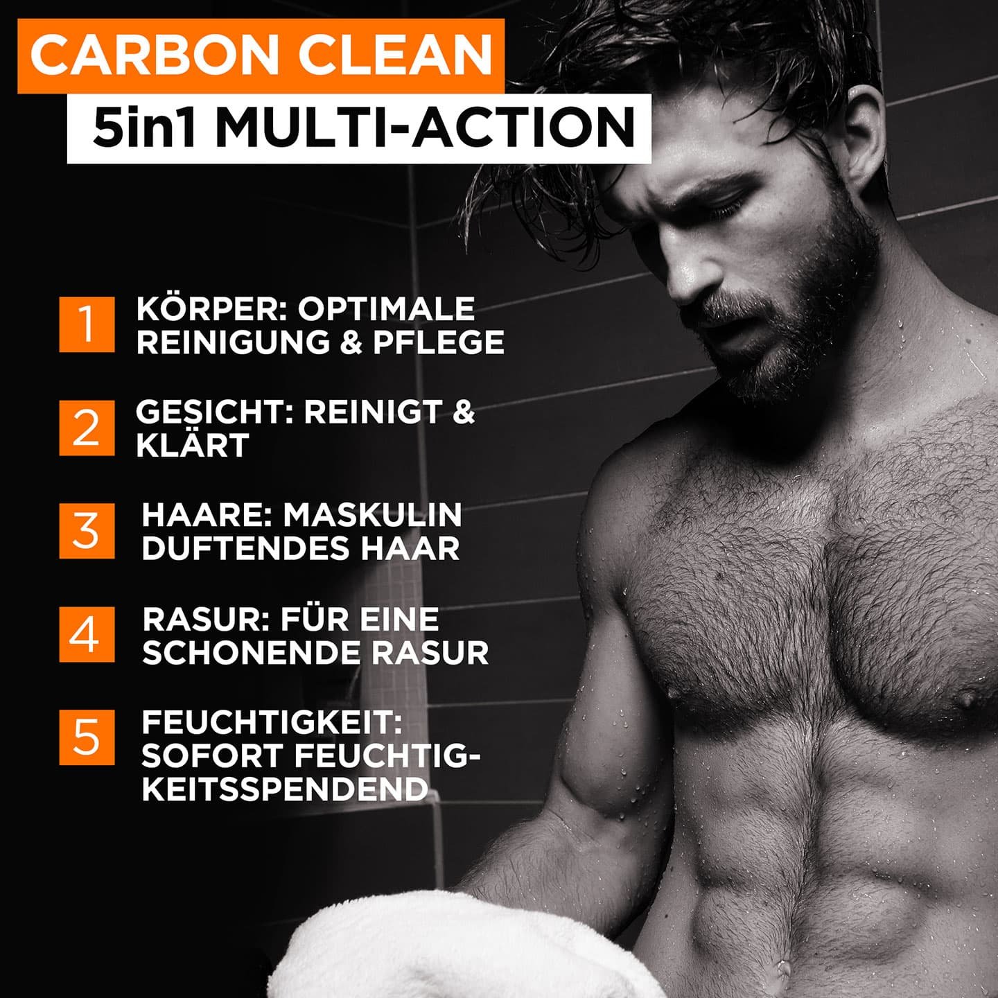 Junger Mann mit freiem Oberkörper, daneben Text: Carbon Clean 5in1 Multi-Action 5 Produktvorteile